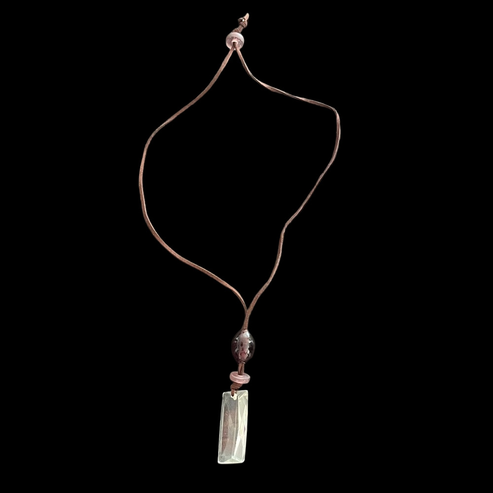 🏷 Artisan Crafted Brown Leather Necklace with Glass Crystal Pendant